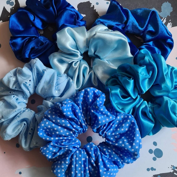 BLUE COLLECTION, Satin, Velvet, Cotton, Anglaise Handmade Scrunchies - Medium, Large & XXL