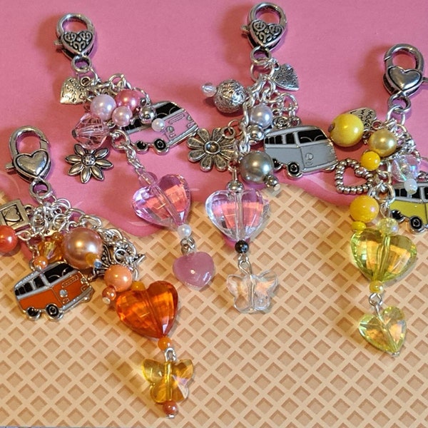 CAMPER VAN Summer Themed Handmade Bag Charm, Key Ring, Silver Chain - 4 Colours Available. Silver, Pink, Yellow & Orange. Caravan, Festival