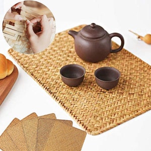 Eco-Friendly 6 PCS Woven Wood Kitchen Mats From Outdoor Rattan Seagrass, Bamboo Cork Washable Non-Slip Perfect For Dining Table Everyday Use