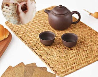 Eco-Friendly 6 PCS Woven Wood Kitchen Mats From Outdoor Rattan Seagrass, Bamboo Cork Washable Non-Slip Perfect For Dining Table Everyday Use