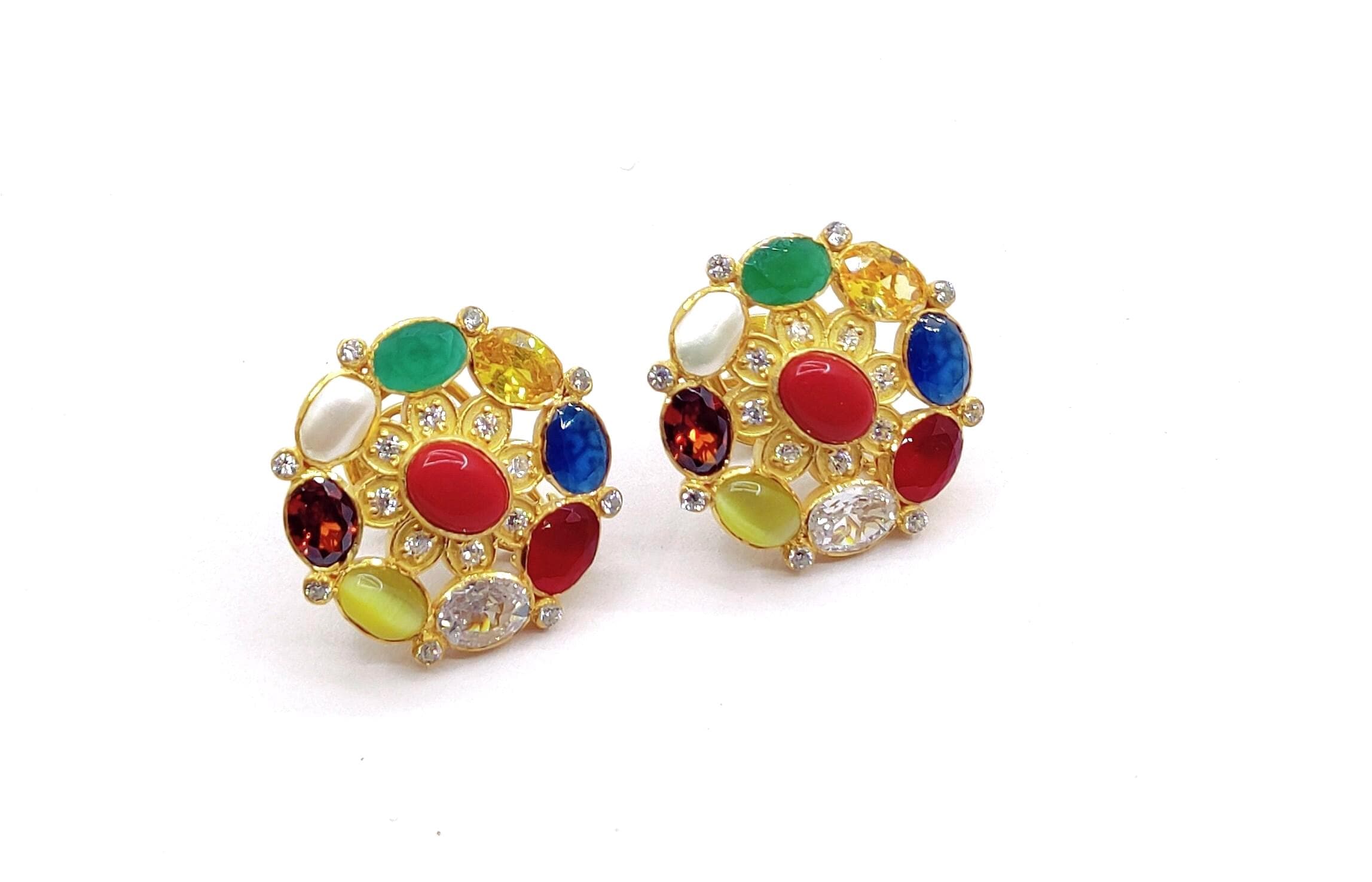 925 Sterling Silver Navratna Earrings: 22kt Gold Finish, Gemstone Jewelry