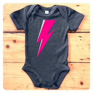Dark Grey Marl babygrow with neon pink sliver glitter lightning bolt