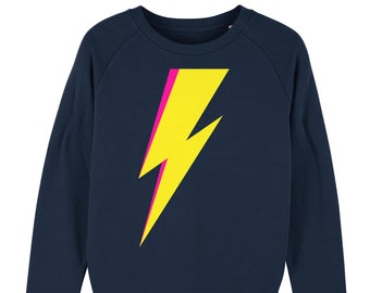 Navy Women's Sweatshirt With Neon Yellow and Neon Pink Lightning Bolt Vinyl