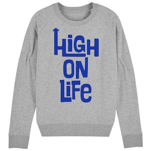 Bluza damska High On Life Heather Grey z luksusowym wykończeniem, Royal Blue Flock Vinyl