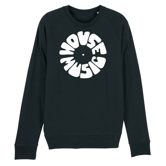 House Music Black Men's Sweatshirt With Luxury Feel, White Flock Vinyl