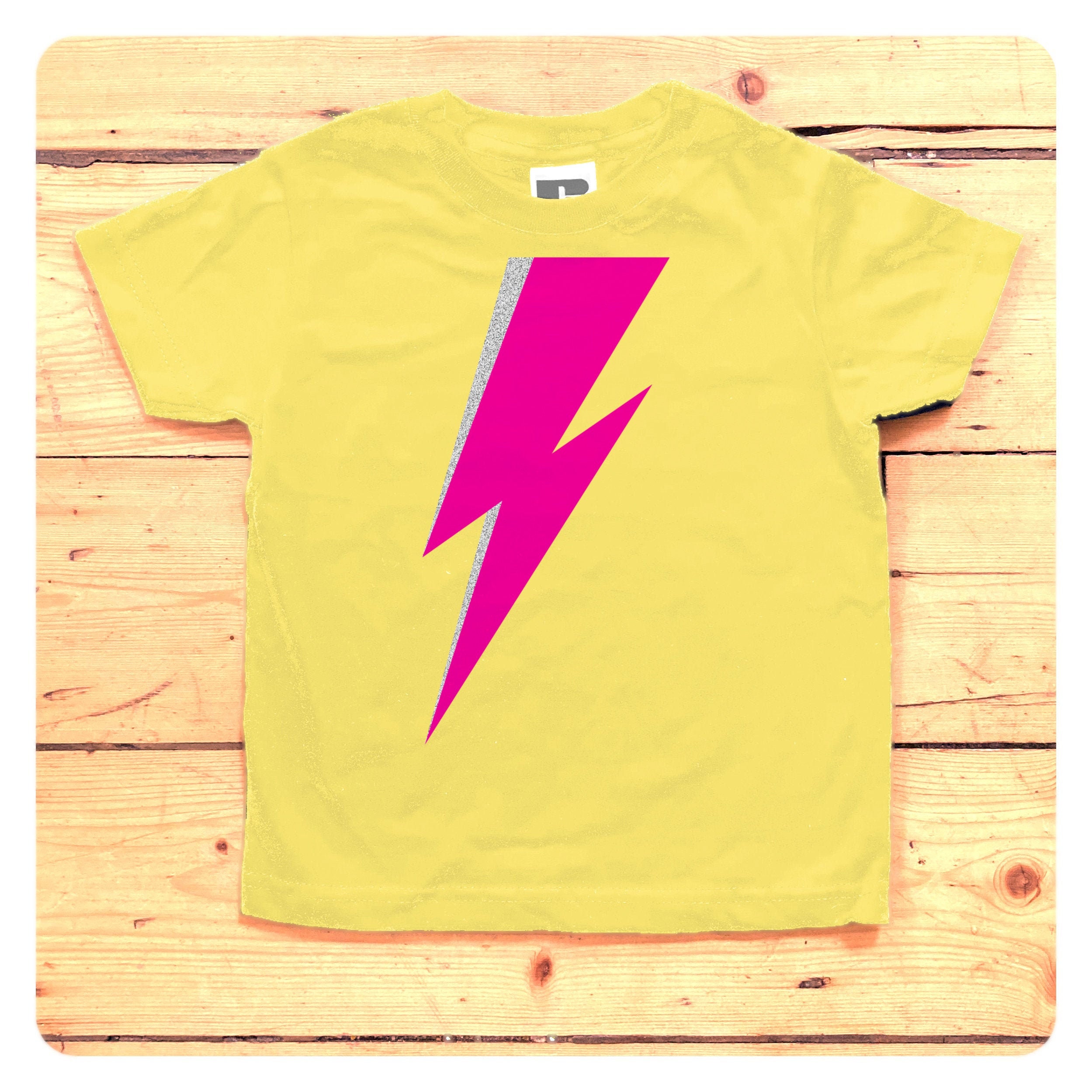 Yellow T-shirt With Neon Pink and Silver Glitter Lightning