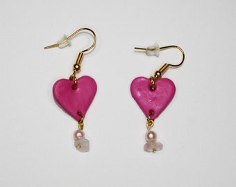 Barbie Inspired polymer clay heart earrings with Real Rose Quartz