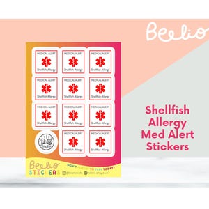 Shellfish Allergy Medical Alert Sticker Sheet | Waterproof Vinyl Safety Decals for Lunchbox, Water Bottle, Backpack, School Supplies