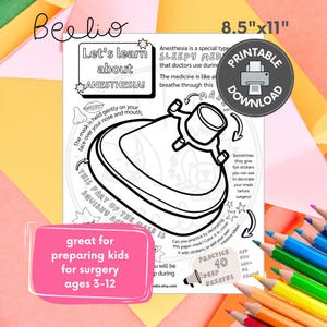 May include: A printable coloring page for kids about anesthesia. The page features a cartoon illustration of an anesthesia mask with the text "Let's learn about anesthesia!" and "This part of the mask is squishy and..." The page also includes instructions for practicing deep breaths and a note that says "Great for preparing kids for surgery ages 3-12."