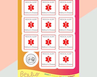 Hoja de calcomanías de alerta médica sobre la enfermedad de Addison / Calcomanías de seguridad para insuficiencia suprarrenal para niños, escuelas, asientos de auto e identificación de emergencia