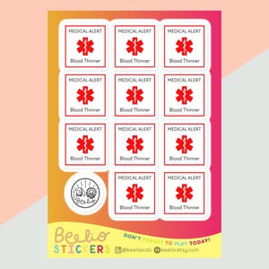 Blood Thinner Medical Alert Sticker Sheet | 11-Sticker Sheet of Waterproof Vinyl Safety Decals for Emergency ID