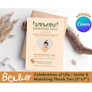 Invitation et remerciement modifiables du jardin commémoratif | Célébration de la vie d'un enfant | Modèle de toile | Thème de l'amour des plantations