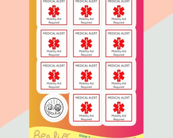 Mobility Aid Required Medical Alert Sticker Sheet | Accessibility Safety Labels for Wheelchair, Walker, Cane & Emergency ID