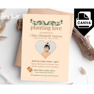 Bearbeitbare Gedenkgarten-Einladung & Danke | Fest des Lebens für Kind | Canva Vorlage | Pflanzliche Liebe Ritual Idee
