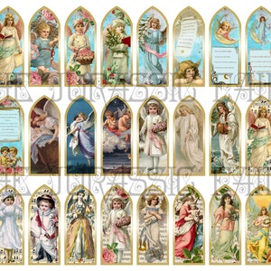 Peut inclure: Une collection d'illustrations d'anges de style vintage dans des cadres en forme d'arche. Chaque image présente des anges dans diverses poses, certains tenant des livres, des fleurs ou des instruments de musique. La palette de couleurs comprend des pastels doux, des accents dorés et des fonds floraux.