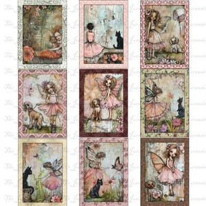 Printable Whimsical Shabby Chic Fairies Cats and Dogs ATC / Shaker Card Kit Downloadable x 9