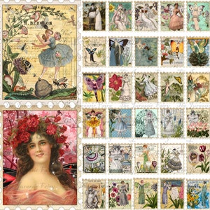 May include: A digital collage of vintage images featuring fairies, butterflies, flowers, and other whimsical elements. The images are arranged in a grid pattern and have a distressed, antique look. The text "Jurassic Fairy" appears in the bottom left corner.