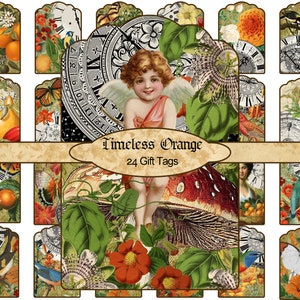 Etichette stampabili vintage Arancione senza tempo con quadranti di orologio, arance, donne, fate, fiori, uccelli e farfalle 24 disegni