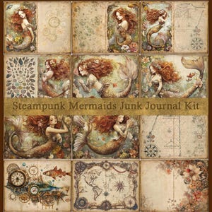 Kit de diario basura de sirenas steampunk, páginas imprimibles, papel efímero, postales modificadas, etiquetas, sobres, tarjetas de diario, mapas del tesoro, engranajes