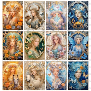 Horoscope du zodiaque 36 fées à imprimer - Signes d'air, signes d'eau, signes de feu, signes de terre Fées