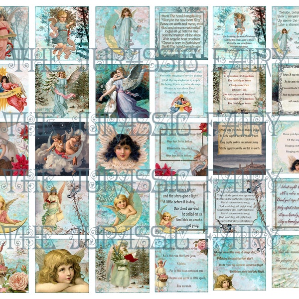 30 Christmas Angel Inchies / Twinchies Collage Sheet Winter Hues and Carols for Jewelry Blanks and Junk Journals