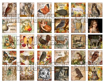 May include: A collage of 25 images featuring autumnal themes. The images include owls, butterflies, pumpkins, squirrels, a hedgehog, a turkey, a rabbit, a deer, and a fox. The images are all in a vintage style with a rustic background.