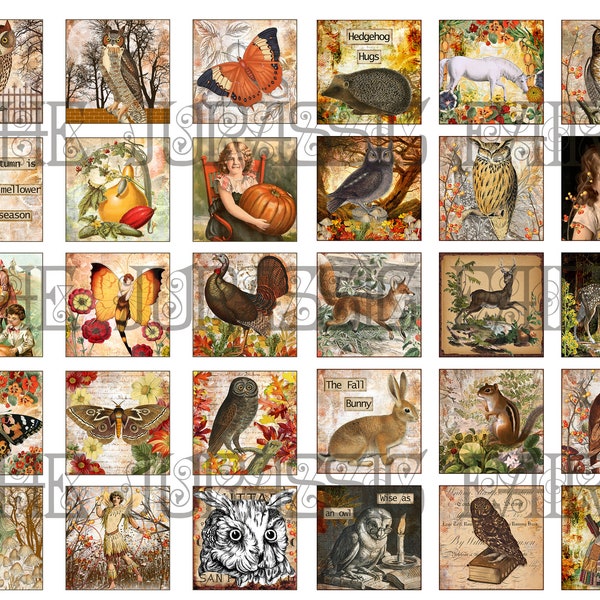 30 Autumn / Fall Inchies / Twinchies Collage Sheet Oranges and Browns Owls, Woodland Animals, Deer, Unicorn etc