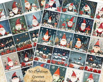 Christmas Gnomes Twinchies / Inchies Printables with Gnomes, Snow, Snowflakes, Holly, Reindeer, Houses Collage Sheet