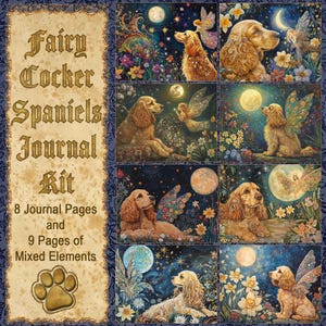 Op de afbeelding: Een collage van negen afbeeldingen met fee-cocker-spaniels met vleugels. Elke afbeelding heeft een andere achtergrond met een volle maan, sterren en bloemen. De tekst "Fairy Cocker Spaniels Journal Kit" staat aan de linkerkant van de collage. De tekst "8 Journal Pages and 9 Pages of Mixed Elements" staat onder de titel.