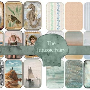 May include: A collage of vintage images with a nautical theme. The images include a seahorse, a turtle, a fisherman, a girl holding a fish, a seascape, and a sailboat. The collage is titled "The Jurassic Fairy".