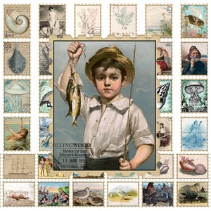 Beside the Sea 48 Printable Faux Stamps with sea themes including mermaids, fish, bathing beauties, boats and lighthouse