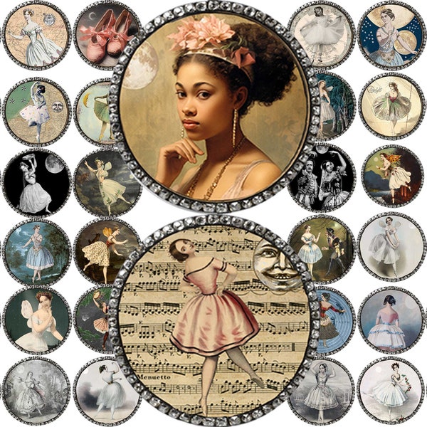 36 Printable Circles Moonlight Dancers Digital Downloads Ballet, Fairies, Dance, Moon, ATCs, Ballet Shoes, Vintage Images, Junk Journals
