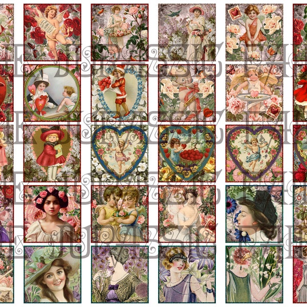 30 Valentine Twinchies Collage Sheet Pinks, Reds and Purples, Cherubs, Ladies, Children and a Fairy