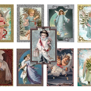 May include: A collection of eight vintage Christmas cards featuring angels in various poses. The cards are decorated with gold and silver glitter and have a festive feel.
