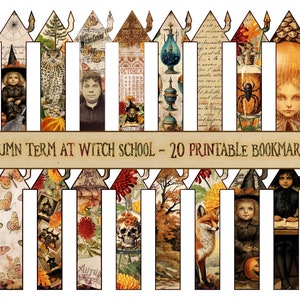 May include: Twenty printable bookmarks featuring a witch school theme. The bookmarks are shaped like arrows and feature images of owls, witches, potions, skulls, and other Halloween-themed imagery. The text "Autumn Term at Witch School - 20 Printable Bookmarks" appears at the top of the image.