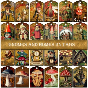 Gnomes et maisons - 24 étiquettes imprimables avec des gnomes et des maisons de gnomes, par exemple des champignons vénéneux, etc. Arrière-plans à effet cuivre