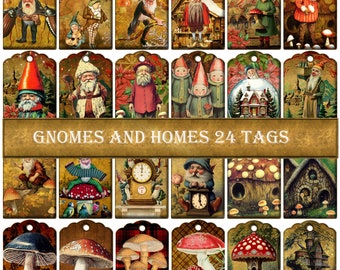 Gnomes and Homes - 24 Printable Tags with Gnomes and Gnome Homes eg Toadstools etc. Copper effect backgrounds