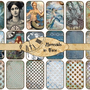 May include: A digital collage sheet with a vintage aesthetic featuring mermaids, clocks, and nautical themes. The sheet includes images of mermaids, clocks, and other nautical elements, as well as patterned backgrounds. The text "Mermaids in Time" is displayed in the center of the sheet.