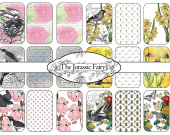May include: A digital collage sheet with 12 different images. The images feature birds, flowers, and patterns in shades of pink, yellow, and blue. The text "The Jurassic Fairy" is printed on a banner across the middle of the sheet.