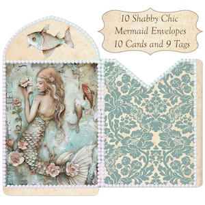 Sobres, tarjetas y etiquetas imprimibles de sirenas Shabby Chic Sirenas Peces Delfines Casetas de playa Faros Galeones