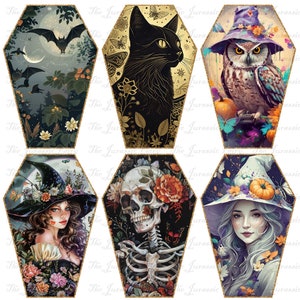 45 étiquettes imprimables en forme de cercueil pour Halloween ou journaux indésirables, squelettes, sorcières, hiboux, chauves-souris chats noirs
