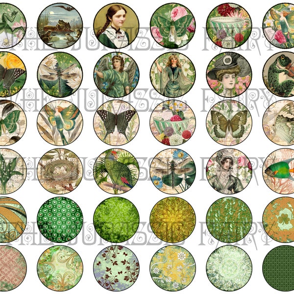36 printable Green 2.5 inch circles Digital Download ATC's / Jewelry Making Collage Sheet for St Patrick's Day