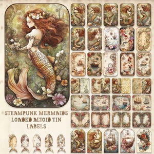 Etiquetas de lata Altoid Sirenas Steampunk con etiquetas en miniatura y páginas de minidiario Peces marinos náuticos Engranajes Barcos Galeón Mapas del tesoro