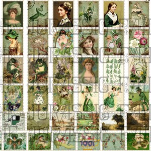 48 Printable Faux Stamps in shades of green for St Patrick&#39;s Day. Ladies in green, shamrocks, flowers and butterflies
