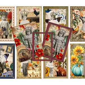May include: A set of nine vintage-style cards featuring children wearing crowns and surrounded by nature-inspired imagery. The cards include a variety of animals, flowers, and other natural elements. The cards are perfect for scrapbooking, card making, or other craft projects.