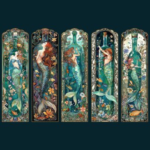 15 marque-pages imprimables sirène bouteilles 5,8 x 20,8 cm sirènes poisson style art nouveau