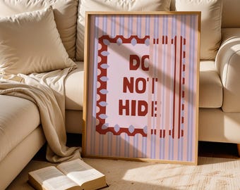 Impresión retro "No te escondas", tipografía de rayas coloridas (descarga digital)