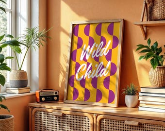 Póster imprimible de Wild Child: póster con tipografía retro atrevida, decoración colorida para dormitorio.