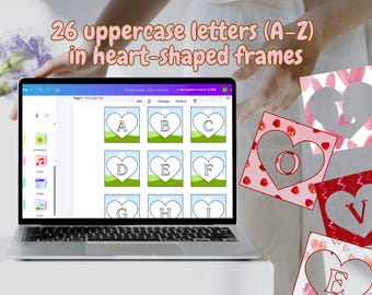 Marcos de letras con forma de corazón (alfabeto A-Z) / Letras mayúsculas editables en Canva / Alfabeto digital romántico / San Valentín