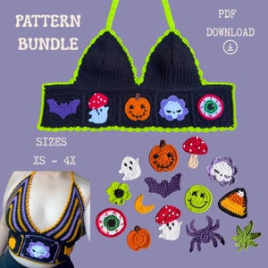 Peut inclure: Un modèle de crochet en téléchargement PDF comprenant un haut dos nu noir avec bordure vert néon et des motifs carrés de chauve-souris, fantôme, citrouille, crâne et œil. Inclut les tailles XS-4X et divers appliqués sur le thème d'Halloween.